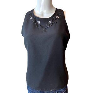 Adrianna Papell  Womens Blouse Top Beaded Embroidery Round Neck Back Zip Black S